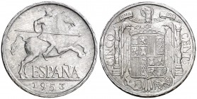 1953. Estado Español. 5 céntimos. (Cal. 136). 1,26 g. Ex Áureo 02/06/2004, nº 3211. Escasa. S/C.