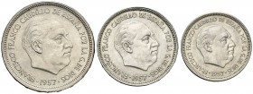 1957. Estado Español. BA (Barcelona). 5, 25 y 50 pesetas. (Cal. 139). Serie completa de 3 monedas. S/C-.