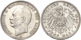 1908. Alemania. Baden. Federico II. Kartsruhe. 5 marcos. (Kr. 281). 27,66 g. AG. MBC+.