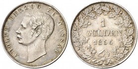 1856. Alemania. Nassau. Adolph Herzog. Wiesbaden. 1 gulden. (Kr. 71). 10,61 g. AG. Leves marquitas. Rara. MBC+.