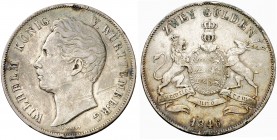 1846. Alemania. Wurttemberg. Guillermo I. 2 gulden. (Kr. 595). 21 g. AG. Rayas en anverso. (MBC).