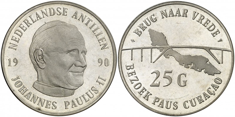1990. Antillas Holandesas. 25 gulden. (Kr. 25). 25,05 g. AG. Visita de Juan Pabl...