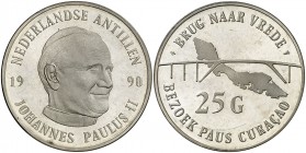 1990. Antillas Holandesas. 25 gulden. (Kr. 25). 25,05 g. AG. Visita de Juan Pablo II. Proof.
