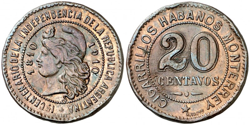 1910. Argentina. Ficha-Jeton de 20 centavos. 6,73 g. 25mm. CU. Firmado: M. Vanzo...