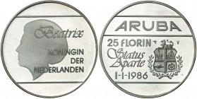 1986. Aruba. 25 florines. (Kr. 7). 25 g. AG. Independencia. Proof.