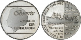 1994. Aruba. 25 florines. (Kr. 11). 25,04 g. AG. Petroleo para la paz. Fin segunda guerra mundial 1945-1995. Proof.