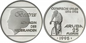 1995. Aruba. 25 florines. (Kr. 14). 25,06 g. AG. 1896-1996. Centenario de los Juegos Olímpicos. Sin "Logo" en anverso. Proof.