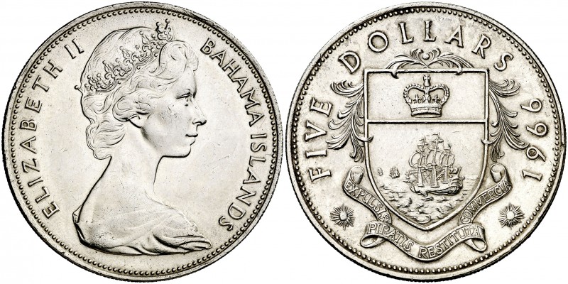 1966. Bahamas. Isabel II. 5 dólares. (Kr. 10). 41,88 g. AG. S/C.