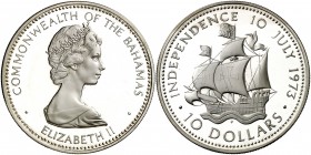 1973. Bahamas. Isabel II. 10 dólares. (Kr. 42). 49,58 g. AG. Proof.