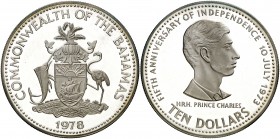 1978. Bahamas. Isabel II. 10 dólares. (Kr. 78.1). 45,58 g. AG. 5º Aniversario de la independencia. Proof.