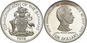 1978. Bahamas. Isabel II. 10 dólares. (Kr. 78.2). 45,61 g. AG. 5º Aniversario de la independencia. Marca torre. Proof.