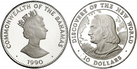 1990. Bahamas. Isabel II. 10 dólares. (Kr. 133). 28,79 g. AG. Descubrimiento nuevo mundo. Proof.
