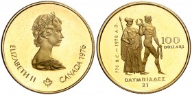 1976. Canadá. Isabel II. 100 dólares. (Fr. 7) (Kr. 116). 16,89 g. AU. Juegos Olímpicos - Montreal'76. En estuche oficial con certificado. Proof.