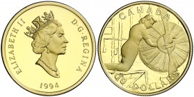 1994. Canadá. Isabel II. 100 dólares. (Fr. 32) (Kr. 249). 13,34 g. AU. Segunda Guerra Mundial. En estuche oficial con certificado. Proof.