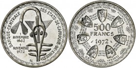 1972. Estados Africanos Occidentales. 500 francos. (Kr. 7). 24,91 g. AG. 10º Aniversario de la unión monetaria. S/C.