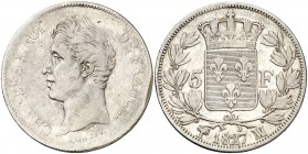 1827. Francia. Carlos X. MA (Marsella). 5 francos. (Kr. 728.10). 24,82 g. AG. BC+/MBC-.