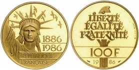 1986. Francia. V República. 100 francos. (Fr. 602) (Kr. 960b). 17 g. AU. Estatua de la Libertad. En estuche de la Monnaie de París. Proof.