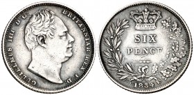 1834. Gran Bretaña. Guillermo IV. 6 peniques. (Kr. 712). 2,80 g. AG. Leves golpecitos. Rara. MBC.
