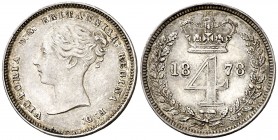 1878. Gran Bretaña. Victoria. 4 peniques. (Kr. 732). 1,88 g. AG. Leves rayitas. EBC-.
