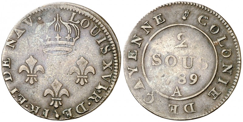 1789. Guayana. Luis XVI. A (París). 2 sous. (Lecompte 20) (Kr. falta). 1,61 g. C...