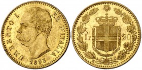 1893. Italia. Humberto I. R (Roma). 20 liras. (Fr. 21) (Kr. 21). 6,44 g. AU. Golpecito en canto. Bella. EBC/EBC+.