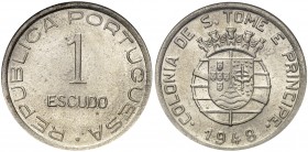 1948. Santo Tomé y Príncipe. 1 escudo. (Kr. 9). CU-NI. En cápsula de la NGC como MS64, nº 2124952-004. S/C.