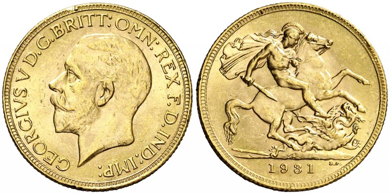 1931. Sudáfrica. Jorge V. 1 libra. (Fr. 5) (Kr. A22). 8 g. AU. Golpecitos. EBC-....