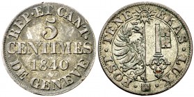 1840. Suiza. Ginebra. 5 céntimos. (Kr. 131). 2 g. Vellón. Buen ejemplar. MBC+.