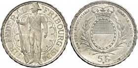 1934. Suiza. B (Berna). 5 francos. (Kr. 5189). 14,95 g. AG. Festival de tiro Friburgo. S/C-.