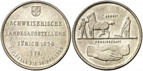 1939. Suiza. 5 francos. (Kr. 43). 19,61 g. AG. Exposición de Zúrich. S/C.
