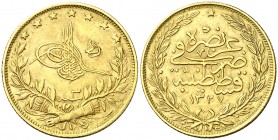 AH 1327/3 (1909). Turquía. Muhammad V. 100 kurvsh. (Fr. 154 (52) (Kr. 806). 7,20 g. AU. MBC.