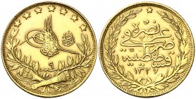 AH 1327/9 (1909). Turquía. Muhammad V. 100 kurvsh. (Fr. 160 (57)). 7,22 g. AU. MBC+.
