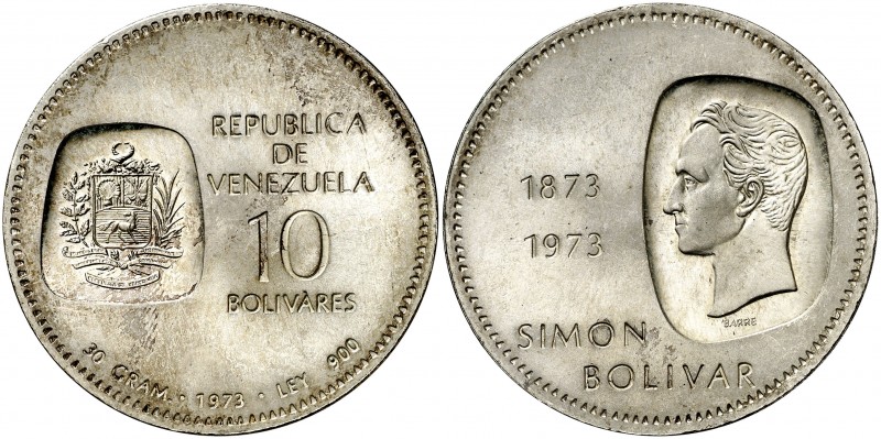 1973. Venezuela. 10 bolíavres. (Kr. 45). 30,26 g. AG. En el canto leyenda "CENTE...