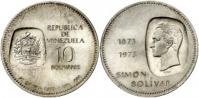 1973. Venezuela. 10 bolíavres. (Kr. 45). 30,26 g. AG. En el canto leyenda "CENTENARIO DE LA EFIGIE DEL LIBERTADOR EN LA MONEDA". S/C.