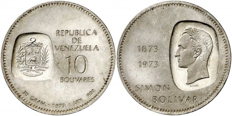 1973. Venezuela. 10 bolívares. (Kr. 45). 30,11 g. AG. En el canto "CENTENARIO DE...