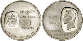 1973. Venezuela. 10 bolívares. (Kr. 45). 30,11 g. AG. En el canto "CENTENARIO DE LA EFIGIE DEL LIBERTADOR EN LA MONEDA". S/C.