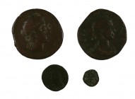Lote formado por: 1 pequeño bronce griego, 1 sestercio de Julia Mamaea, 1 pequeño Bajo Imperio y 1 as de Castele (Linares). Total 4 monedas. A examina...