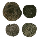 Lote de 3 monedas medievales castellanas: dinero de Calahorra de Alfonso VIII, blanca de Coruña y maravedí de Toledo de Enrique IV, y una moneda portu...