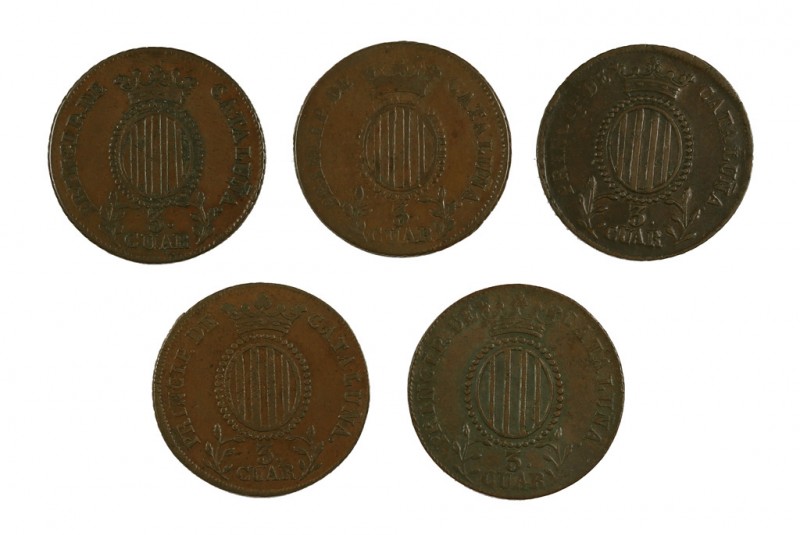 1837, 1838, 1839, 1841 y 1844. Isabel II. Barcelona. 3 cuartos. Lote de 5 moneda...