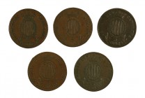 1837, 1838, 1839, 1841 y 1844. Isabel II. Barcelona. 3 cuartos. Lote de 5 monedas. BC+/MBC.