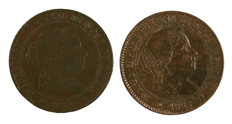 1867. Isabel II. Barcelona. OM. 5 céntimos de escudo. Lote de 2 monedas. BC+/MBC...