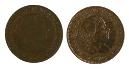 1867. Isabel II. Barcelona. OM. 5 céntimos de escudo. Lote de 2 monedas. BC+/MBC-.
