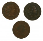 1866, 1867 y 1868. Isabel II. Jubia. 5 céntimos de escudo. Lote de 3 monedas. BC/MBC.