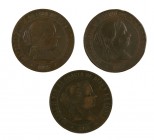 1866, 1867 y 1868. Isabel II. Segovia. OM. 5 céntimos de escudo. Lote de 3 monedas. MBC-.