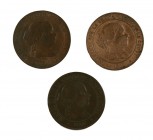 1867 (dos) y 1868. Isabel II. Sevilla. 5 céntimos de escudo. Lote de 3 monedas. BC+/MBC-.