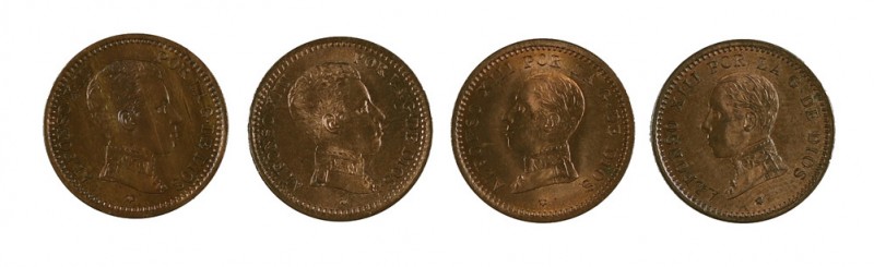 1904*04, 1905*05, 1911*11 y 1912*12. Alfonso XIII. 2 céntimos. Lote de 4 monedas...