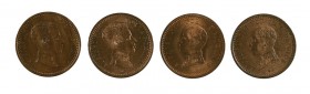 1904*04, 1905*05, 1911*11 y 1912*12. Alfonso XIII. 2 céntimos. Lote de 4 monedas. Bella. Brillo original. S/C.