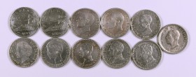 1869 a 1926. 50 céntimos. Lote de 11 monedas, todas diferentes. A examinar. BC/MBC+