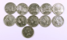 1869 a 1905. 2 pesetas. Lote de 11 monedas, todas diferentes. A examinar. BC/MBC.