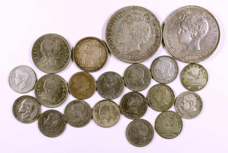 Lote de 20 monedas del Centenario y Guerra Civil: 50 céntimos (quinze), 5 peseta...